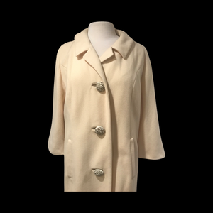 60’s White Cream Bataldi Wool Swing Coat with Large Crystal Buttons