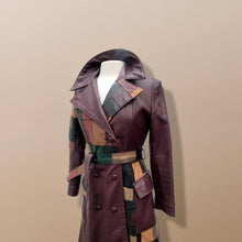 Load image into Gallery viewer, 70s Leather Coat l Maroon Patchwork Fit Flare Trench Spy Boho Studio 54 Mosaic boho chic One of a Kind