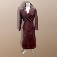 Load image into Gallery viewer, Vintage 70’s Leather Coat Trench Spy Collar Business Career Fitted Women’s Oxblood Maroon Bergundy