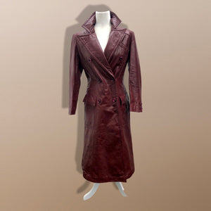 Vintage 70’s Leather Coat Trench Spy Collar Business Career Fitted Women’s Oxblood Maroon Bergundy