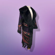 Load image into Gallery viewer, Purple Suede and Genuine Shearling Mosaic Coat with Fringe Western Aztec  Native Cowgirl Inspired Magenta Black and Gold