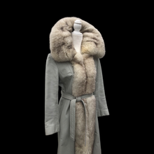 Load image into Gallery viewer, Vintage 60’s 70’s Blue Gray Leather and Norwegian Fox Fur Tuxedo Coat