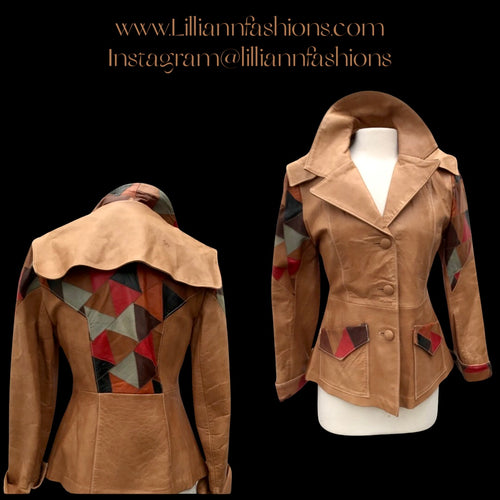 70’s Leather Patchwork Cape Jacket Tan Fit Flare Tailored Fall Colors