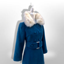 Load image into Gallery viewer, 60’s 70’s Velveteen Blue Coat Vegan Faux Fur Belted