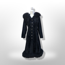 Load image into Gallery viewer, 70’s Vintage Black Princess Shearling and Faux Astrakhan Lamb Fabric hooded Fit and Flare Boho