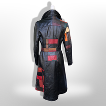 Load image into Gallery viewer, 70s Leather Coat l Black Patchwork Fit Flare Trench Spy Boho Studio 54 Mosaic boho chic One of a Kind