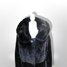 Load image into Gallery viewer, Jet Black Hooded Mink and Shearling Luxury Coat with Rhinestone Button