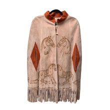Load image into Gallery viewer, 70’s Suede Poncho Cape with Carved Horse Scene Mint Condition Fringe Border One Size Fits All