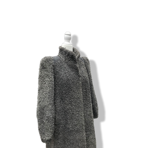 90’s does 40’s Lamb Curly Gray Coat Puff Sleeve with Suede Inserts Minimal Stealth Made in Sweden “Viking Lamb”