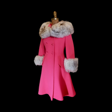 Load image into Gallery viewer, RARE COLLECTIBLE 60S Mod Pink Lilli Ann Vintage Coat- Princess Norwegian Fox Fur Pinup Coat Fit and Flare Neon Florescent Bright Pink