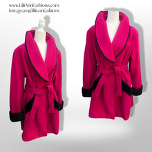 Load image into Gallery viewer, Vintage Wool Magenta Pink Wool Black Trim Wrap Coat