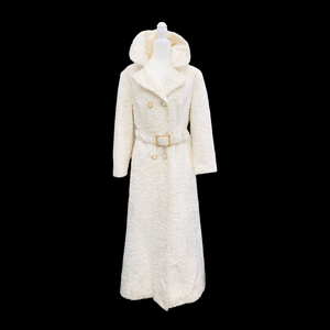 Vintage Robert Meshekoff Faux Persian Lamb Astrakhan White Belted Full Length Double Breasted Coat