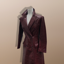 Load image into Gallery viewer, Vintage 70’s Leather Coat Trench Spy Collar Business Career Fitted Women’s Oxblood Maroon Bergundy