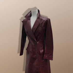 Vintage 70’s Leather Coat Trench Spy Collar Business Career Fitted Women’s Oxblood Maroon Bergundy