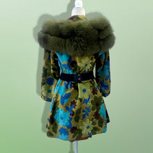 Load image into Gallery viewer, 60’s 70’s Tapestry Carpet Coat Blue Turquoise Green Beaded Belt Fur Fox Norwegian Collar
