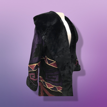 Load image into Gallery viewer, Purple Suede and Genuine Shearling Mosaic Coat with Fringe Western Aztec  Native Cowgirl Inspired Magenta Black and Gold
