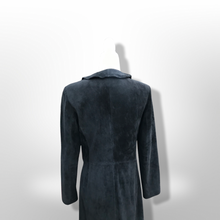 Load image into Gallery viewer, Black Suede Duster with Ruffle Tuxedo Collar Boho