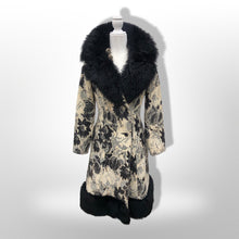 Load image into Gallery viewer, 70’s Tapestry Carpet Floral Black and White Coat with Black Shearling Trim Penny Lane Boho Hippy Chic