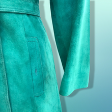 Load image into Gallery viewer, Emerald Green Suede 70’s Coat Rounded Collar Studio 54 Trench Spy Coat