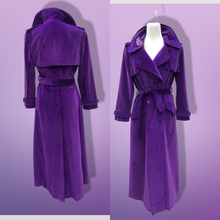 Load image into Gallery viewer, Vintage 70’s Calvin Klein Violet Royal Purple Velvet Full Length Coat Trench Coat Spy Coat