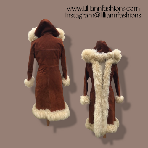 70’s Suede and Shearling Hooded Penny Lane Boho Chic Hippy Coat Brown and White