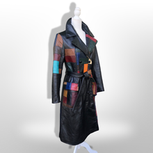 Load image into Gallery viewer, 70s Leather Coat l Black Patchwork Fit Flare Trench Spy Boho Studio 54 Mosaic boho chic One of a Kind