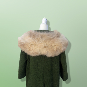 60’s Green Vintage Coat Wear Two Ways Removable Fox Fur Swing Coat Boucle Wool