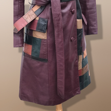 Load image into Gallery viewer, 70s Leather Coat l Maroon Patchwork Fit Flare Trench Spy Boho Studio 54 Mosaic boho chic One of a Kind