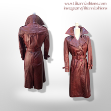 Load image into Gallery viewer, Vintage 70’s Leather Coat Trench Spy in Bergundy Oxblood Highly Detailed