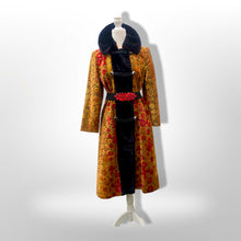 Load image into Gallery viewer, 60s 70s Vintage Gold And Red Floral Carpet Tapestry Coat Velvet Sherpa Boho Chic Burning Man Woodstock Russian Princess Sergeant Pepper's