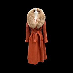 70’s Vintage Wrap Coat in Fall Autumnal Orange Fit and Flare Princess Wool and Shearling