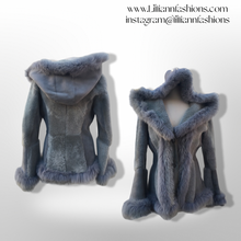Load image into Gallery viewer, Gray Blue Suede Shearling Hooded Flare Bell Sleeve Coat