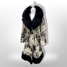 Load image into Gallery viewer, 70’s Tapestry Carpet Floral Black and White Coat with Black Shearling Trim Penny Lane Boho Hippy Chic