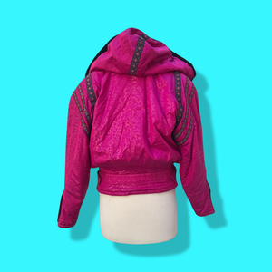 80’s 90’s Hot Pink Hooded Ski Windbreaker Jacket Cropped Tapered Waist Southwestern Aztec Trim