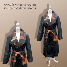 Load image into Gallery viewer, 70’s Black Patchwork Leather Trench Coat Spy