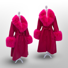Load image into Gallery viewer, Vibrant Pink Leather and Fox Fur Trench Fit and Flare Pinup Coat