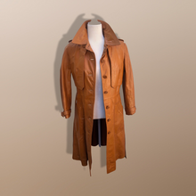 Load image into Gallery viewer, 70’s Vintage Two Piece with Removable Vest with Coat Leather Caramel Colored Trench Spy Coat Belted