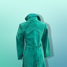 Load image into Gallery viewer, Emerald Green Suede 70’s Coat Rounded Collar Studio 54 Trench Spy Coat