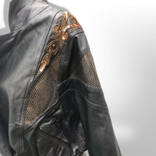 Load image into Gallery viewer, 80’s Black Leather Jacket Glam Gold Beaded and Embroidered Studio 54 David Bowie Style Dolman Sleeve