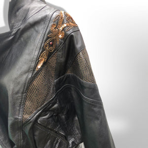 80’s Black Leather Jacket Glam Gold Beaded and Embroidered Studio 54 David Bowie Style Dolman Sleeve