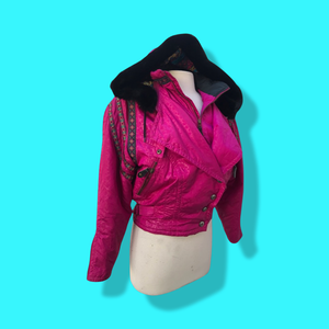 80’s 90’s Hot Pink Hooded Ski Windbreaker Jacket Cropped Tapered Waist Southwestern Aztec Trim