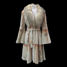 Load image into Gallery viewer, Embroidered Mocha Cream Colored Ombré Sheared Fur Beaver Princess Coat with Crystal Accents Full Skirt and Flared Bell Sleeves Wearable Work of Art One of A Kind