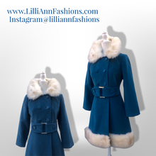 Load image into Gallery viewer, 60’s 70’s Velveteen Blue Coat Vegan Faux Fur Belted