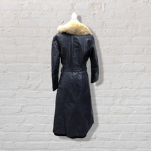 Load image into Gallery viewer, 70’s Navy Leather Coat Trench Spy with Fox Fur Collar