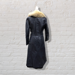 70’s Navy Leather Coat Trench Spy with Fox Fur Collar