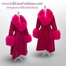 Load image into Gallery viewer, Vibrant Pink Leather and Fox Fur Trench Fit and Flare Pinup Coat