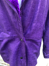 Load image into Gallery viewer, Vintage 80’s 90’s Glam Purple Violet Glam Lamb Leather Jacket with Full Fur Trim in Croc Print so Prince Purple Rain