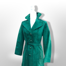 Load image into Gallery viewer, Emerald Green Suede 70’s Coat Rounded Collar Studio 54 Trench Spy Coat