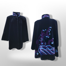 Load image into Gallery viewer, Black Fur Sheared Beaver Coat Made full pelts with Blue And Purple Ocean Scene Intarsia Made in Canada Nordstrom New Yorker Zuki