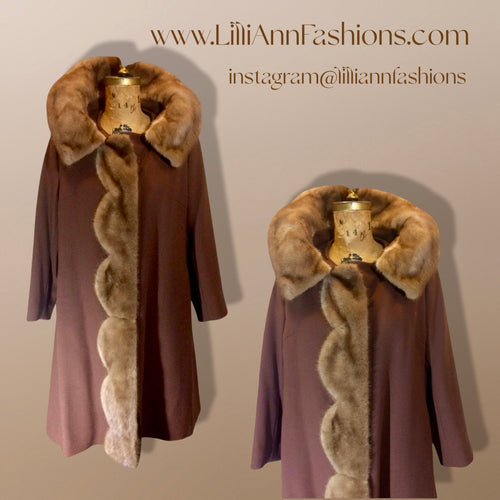 50s Scallop Mink Swing Coat-- Hazel Mink Brown Wool Open Size 50s 60s Mod Loose Fit Jackie Kennedy
